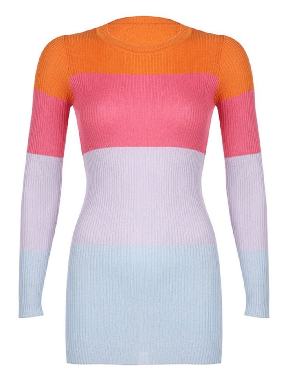 Ronde Hals Patchwork Bodycon-Jurk Met Lange Mouwen Normale Kleurblokken