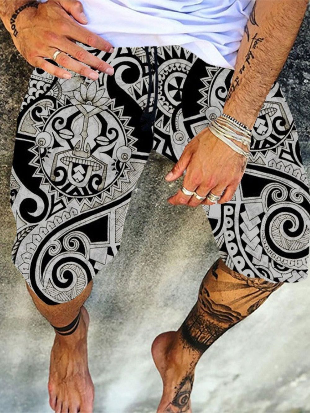 Zwarte Casual Broek Heren Met Print Knielengte