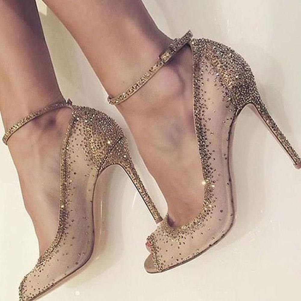 Gouden Strass Peep Toe Stiletto Heel Pumps