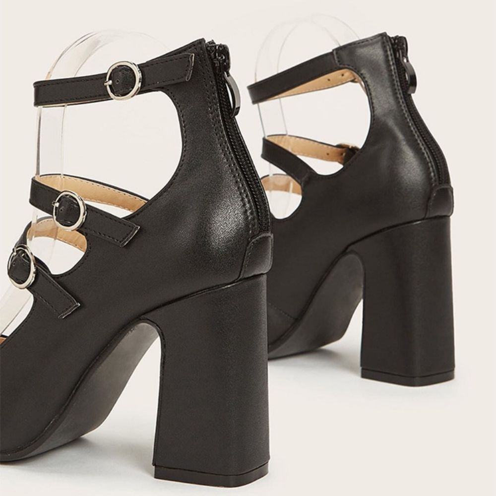 Ronde Teen Chunky Heel Buckle Laag Uitgesneden Bovenste Dunne Schoenen