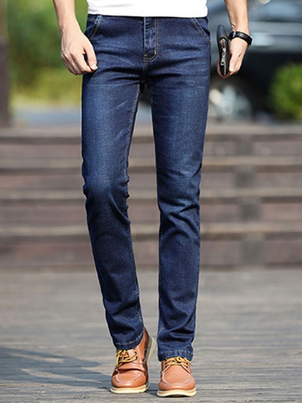 Effen Europese Herenjeans Met Halfhoge Taille