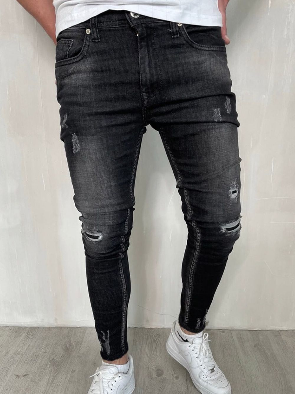 Gat Effen Potlood Broek Rits Mode Casual Jeans