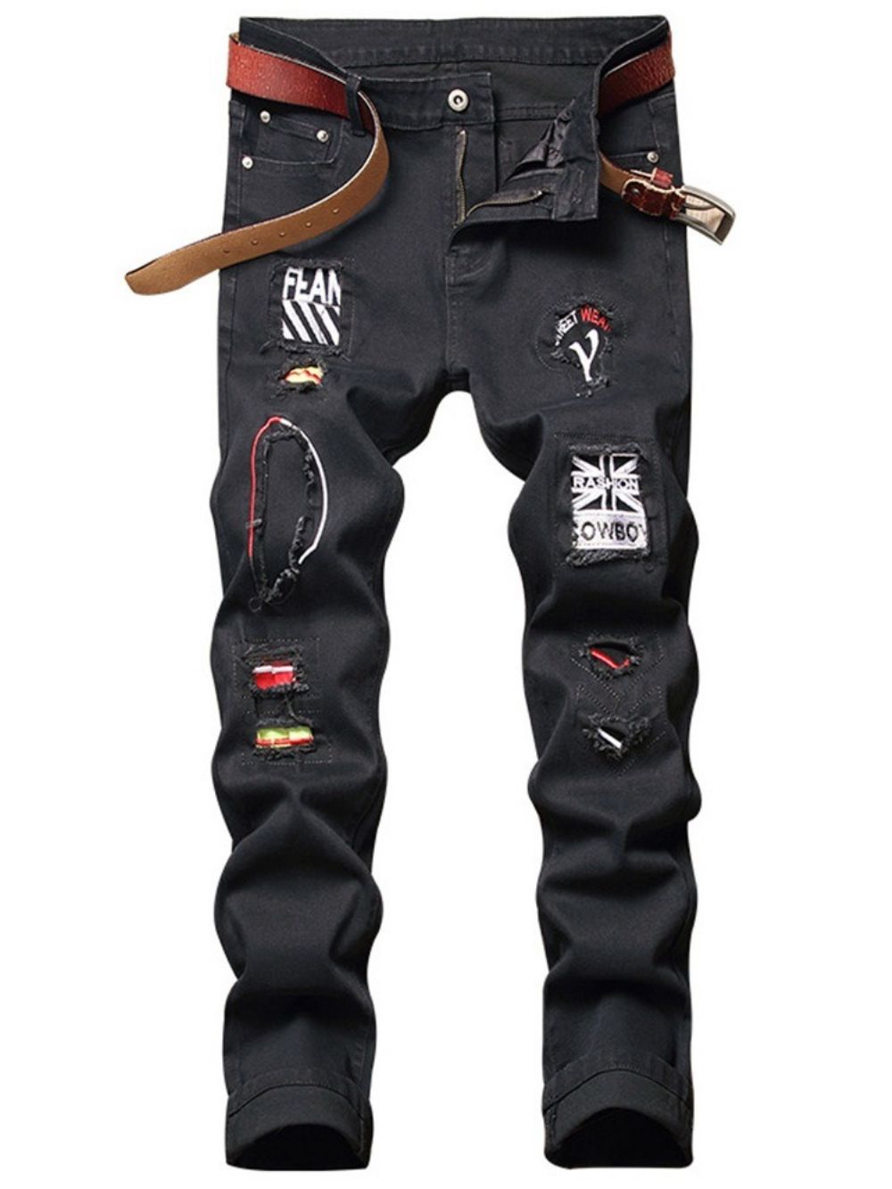 Letter Rechte Appliqués Casual Jeans Met Middelhoge Taille