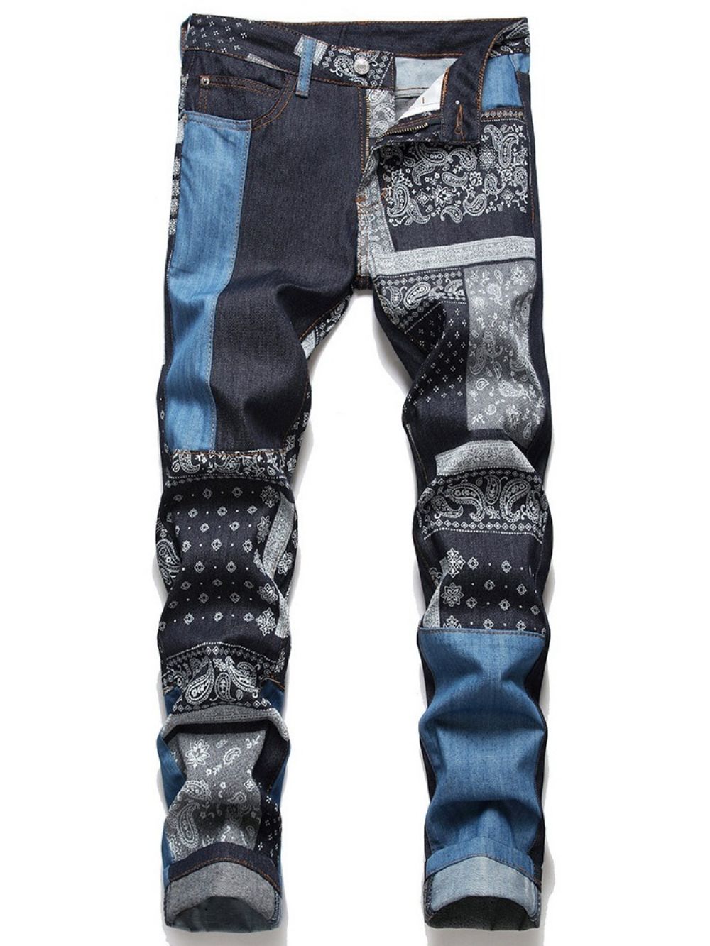 Rechte Jeans Met Patchwork En Halfhoge Taille Met Rits En Bloemen