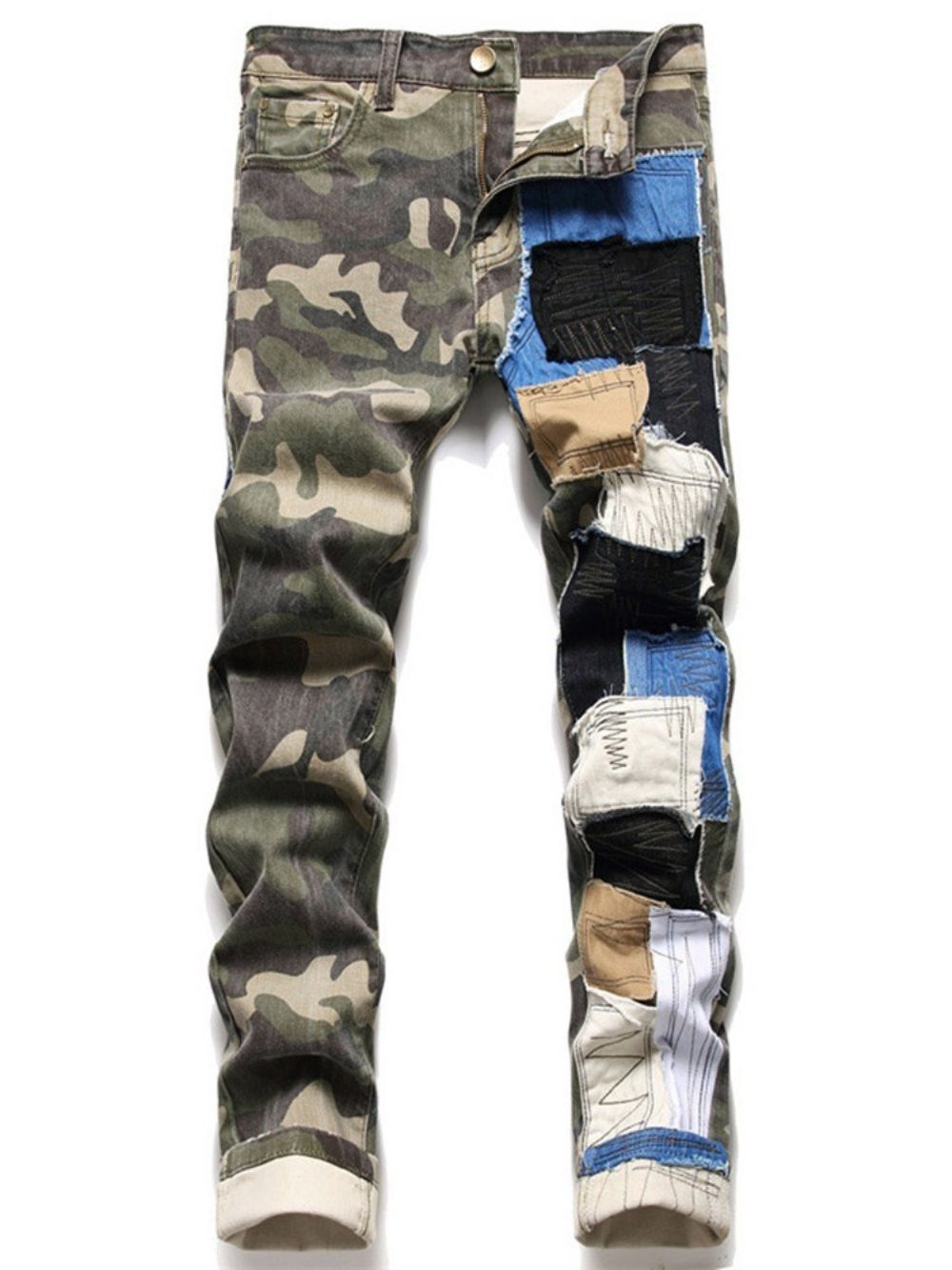 Rechte Jeans Met Patchwork En Halfhoge Taille Met Rits En Kleurvlakken