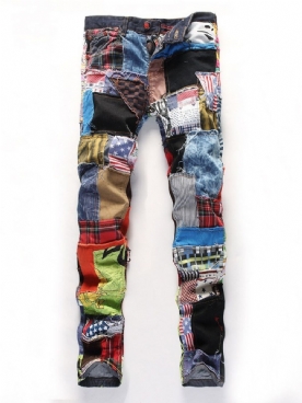 Rechte Jeans Met Patchwork En Halfhoge Taille Met Rits En Kleurvlakken