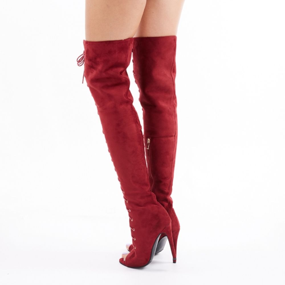 Rode Dij Hoge Laarzen Met Veters En Peeptoe
