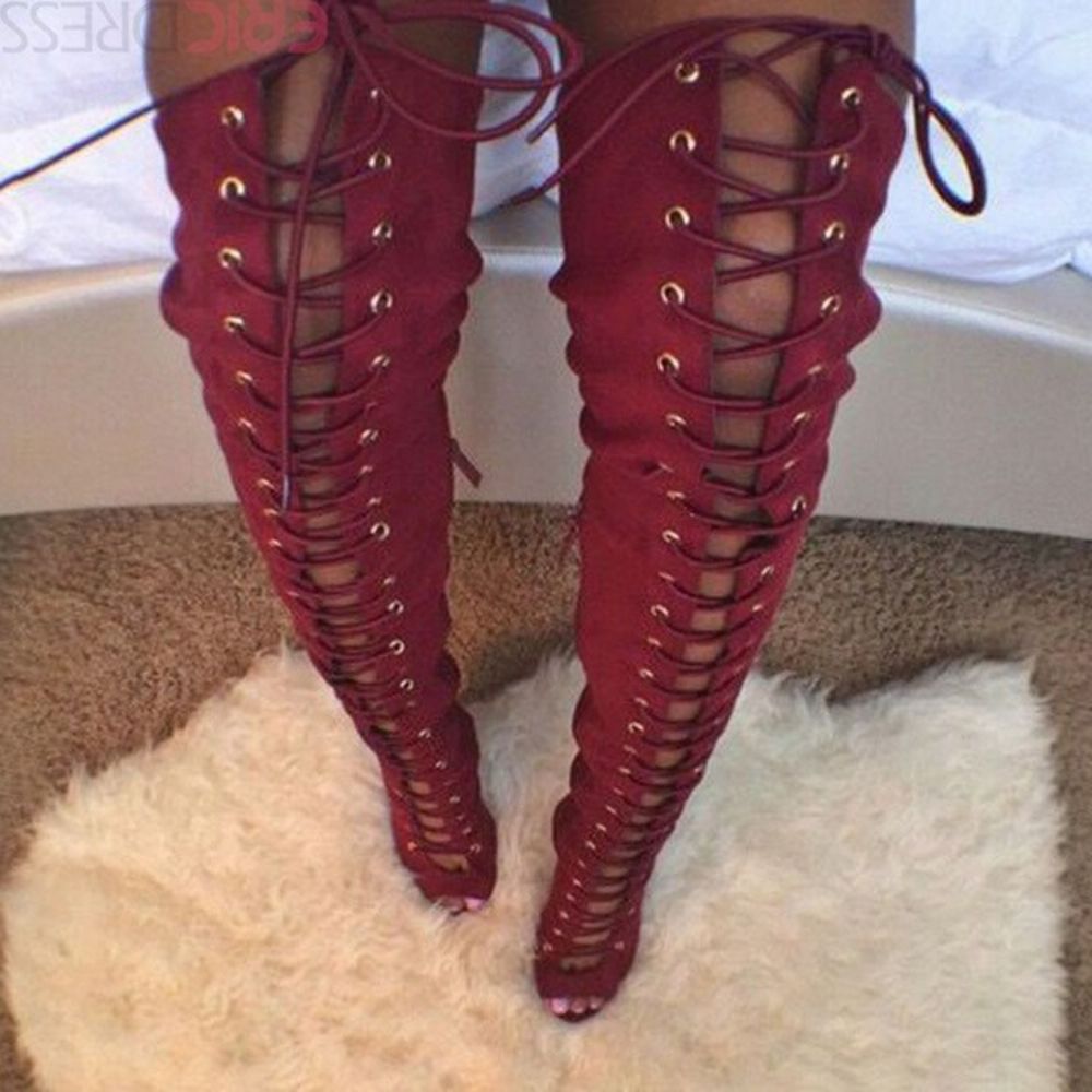 Rode Dij Hoge Laarzen Met Veters En Peeptoe
