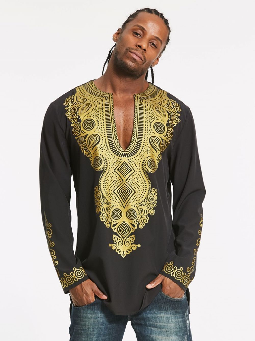 African Fashion Dashiki Color Block Print Halflang Slank Herenoverhemd