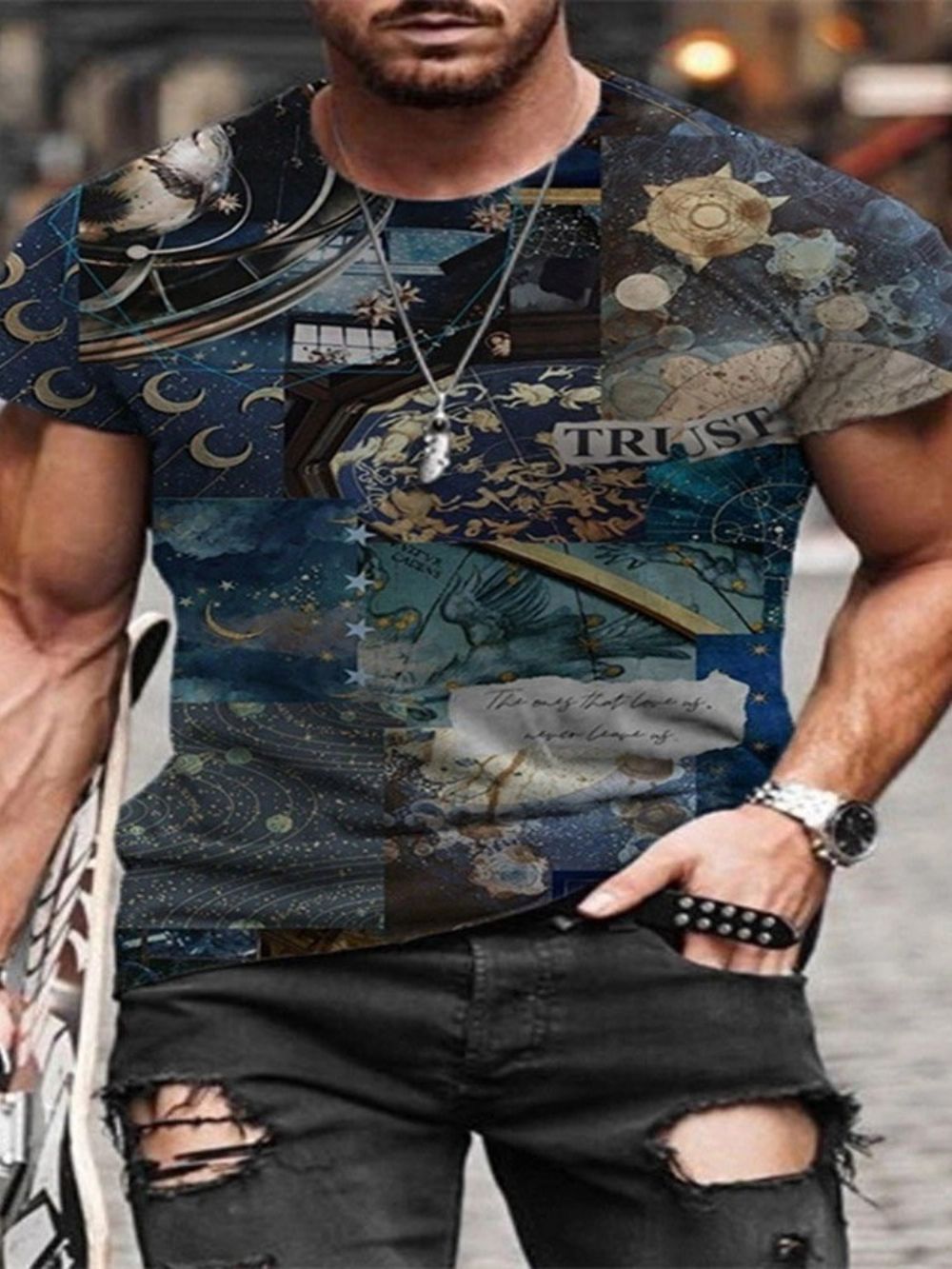 Casual T-Shirt Met Ronde Hals En Vintage Print Heren