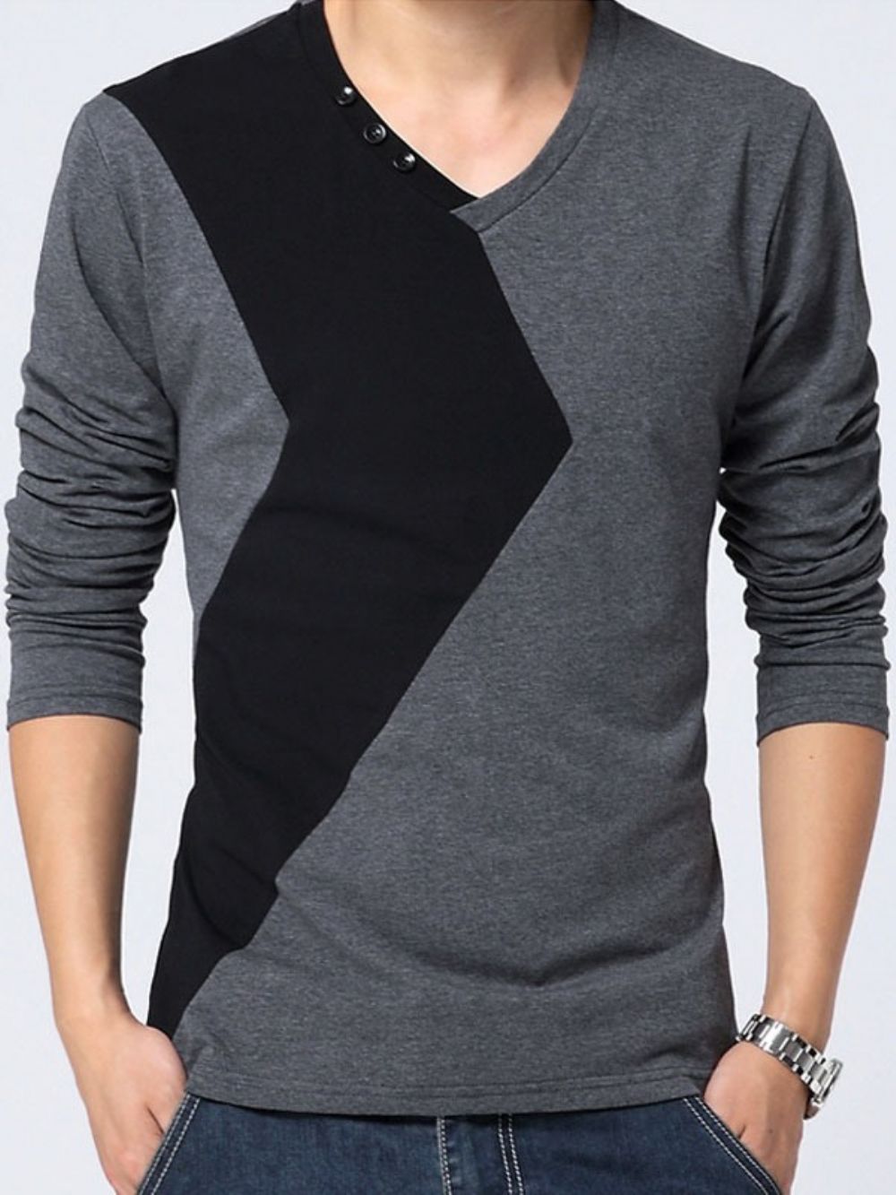 Heren T-Shirt Met Kleurblokken En V-Hals