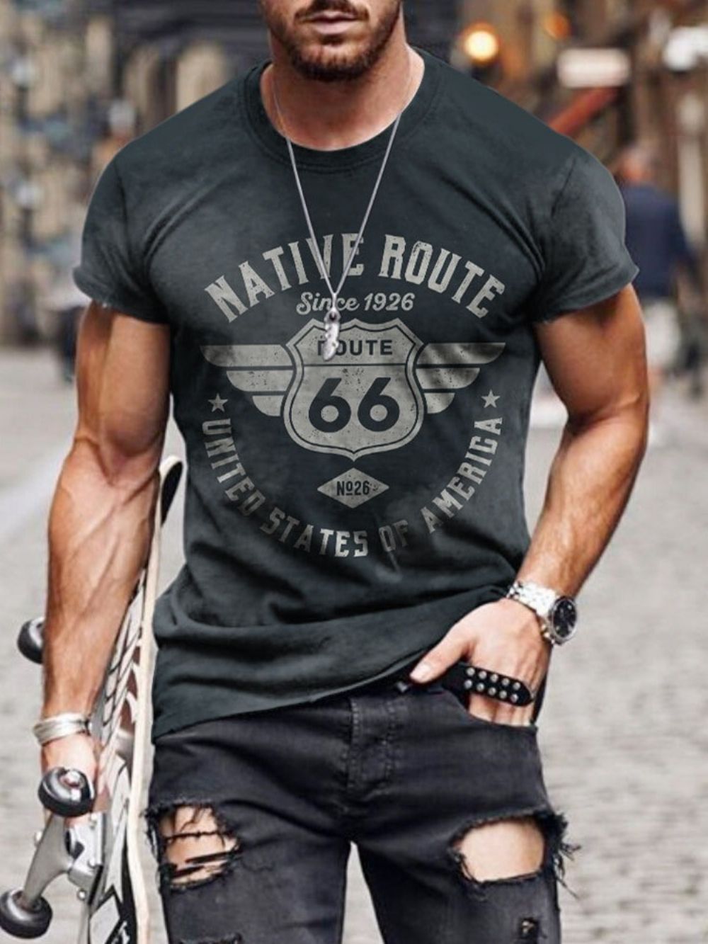 Slim Heren-T-Shirt Met Ronde Hals En Europese Print Met Korte Mouwen