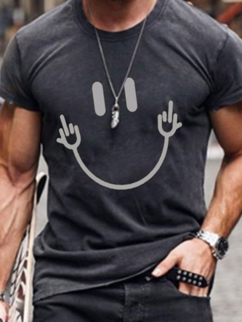 Slim T-Shirt Heren Met Geometrische Ronde Hals En Print