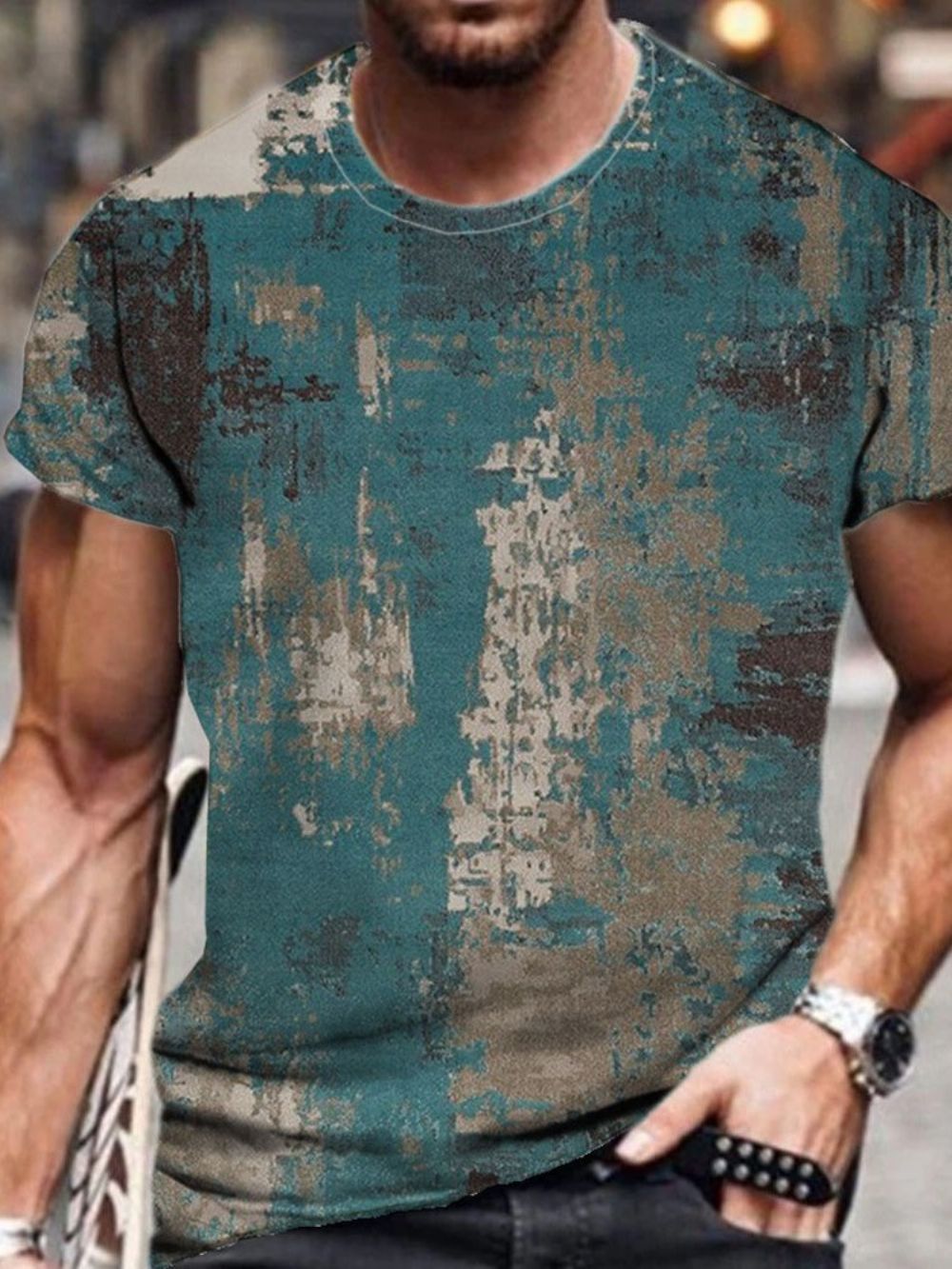 Vintage T-Shirt Heren Met Ronde Hals En Casual Print Met Korte Mouwen