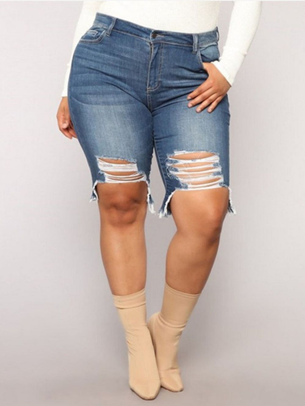 Effen Gescheurde Skinny Broek Met Rits In Grote Maten