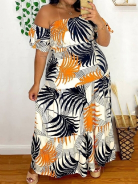 Enkellange Pullover-Jurk Met Off-Shoulder Print Grote Maat