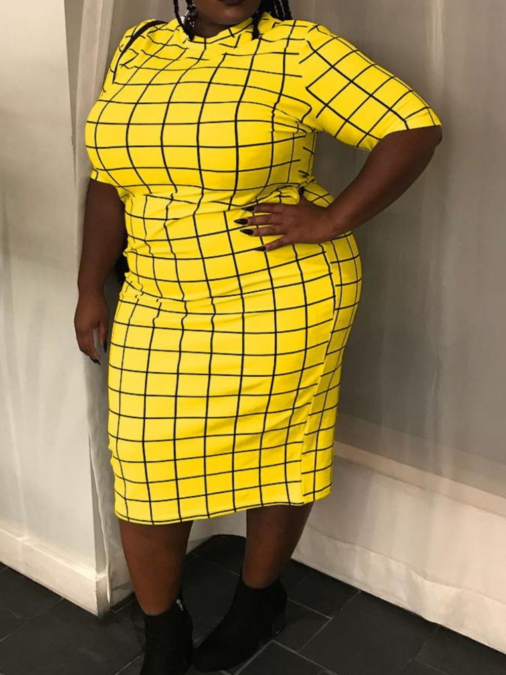 Halve Mouw Patchwork Bodycon Jurk Met Opstaande Kraag Plus Maat