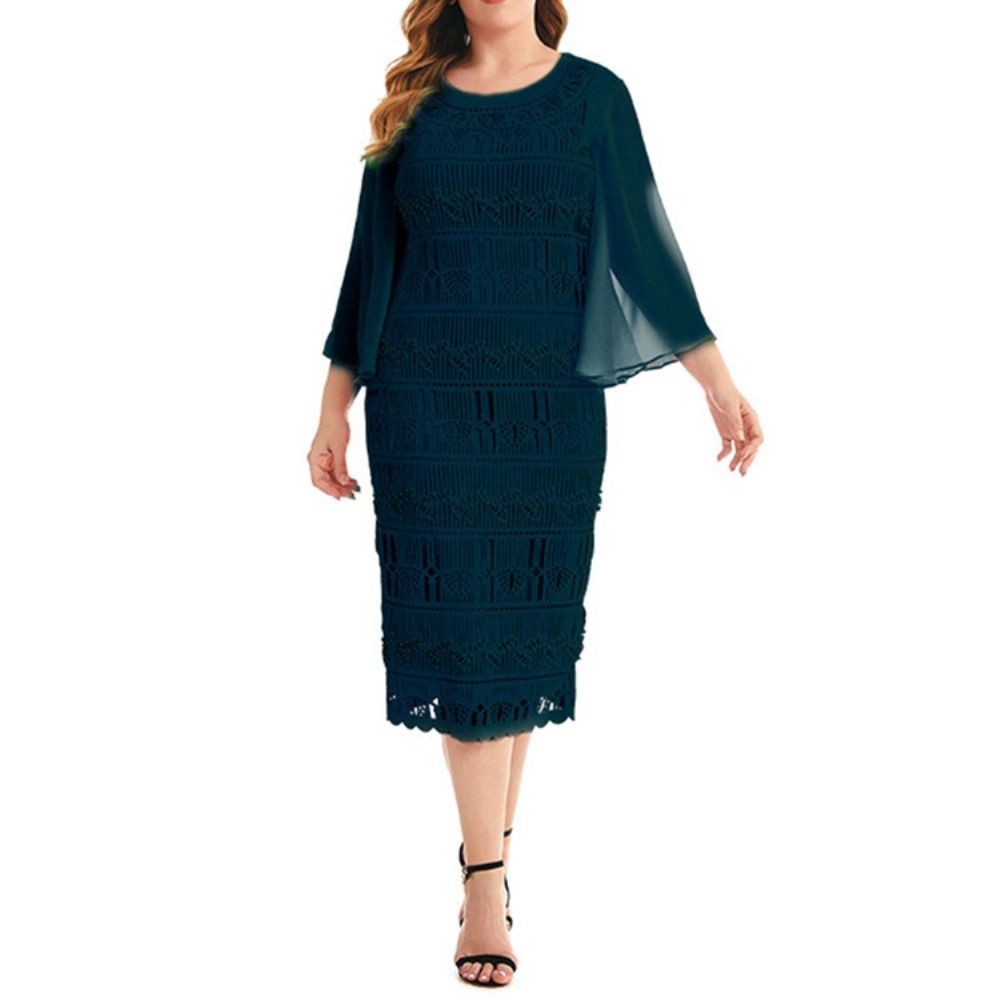 Holle Driekwart Mouw Mid-Kuit Bodycon Flare Mouw Plus maat Jurk