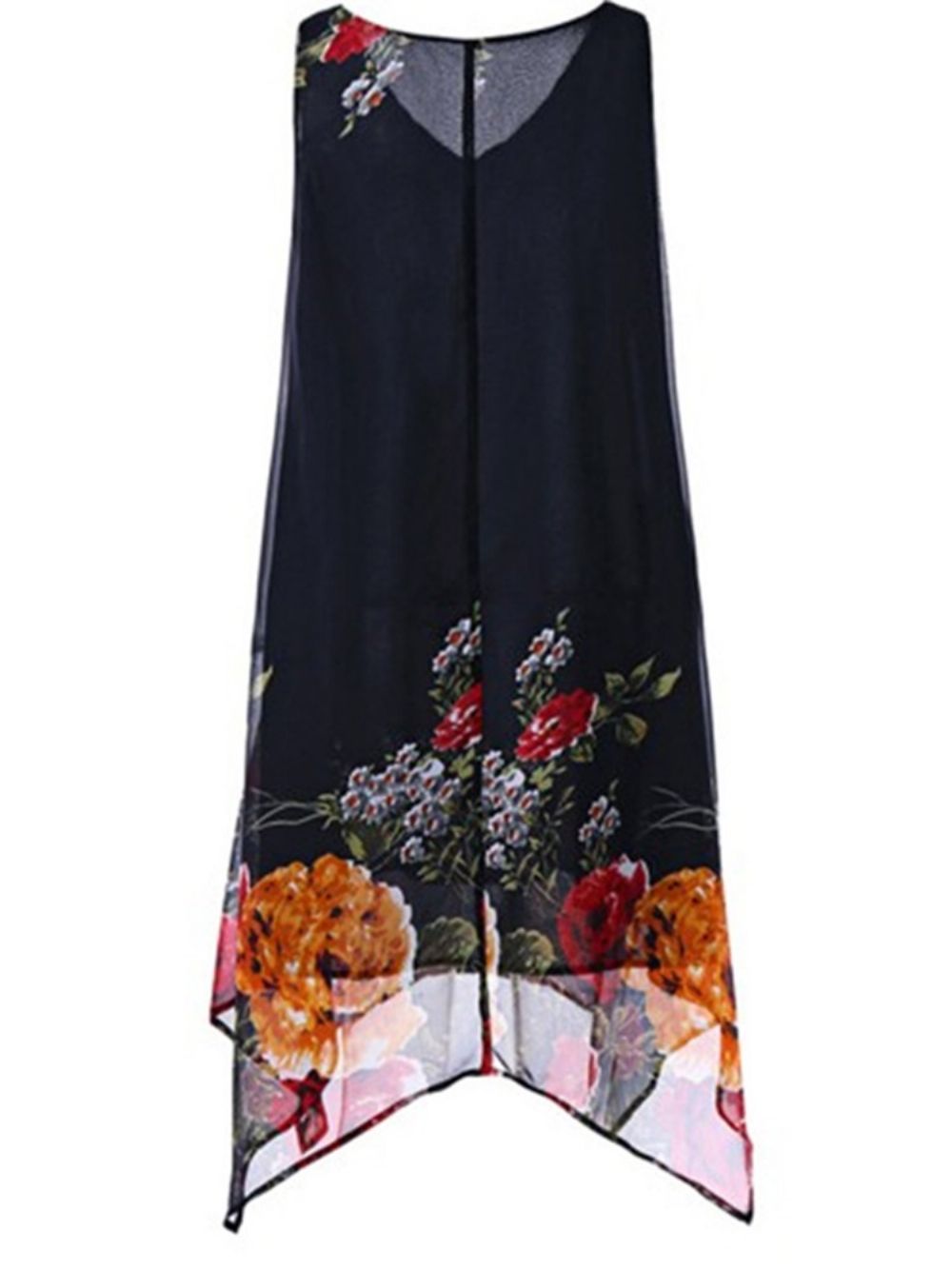 Marineblauwe Asymmetrische Vrijetijdsjurk Met V-Hals En Bloemen