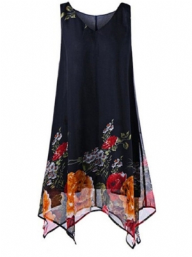 Marineblauwe Asymmetrische Vrijetijdsjurk Met V-Hals En Bloemen