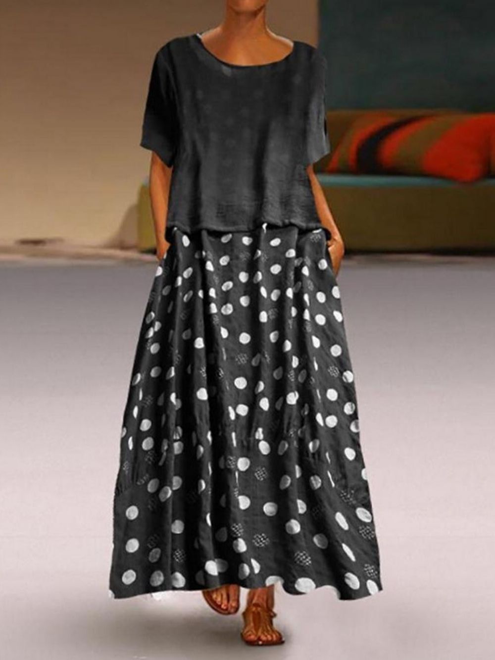 Plus maat Casual Polka Dots Korte Mouw Ronde Hals Enkellange Jurk