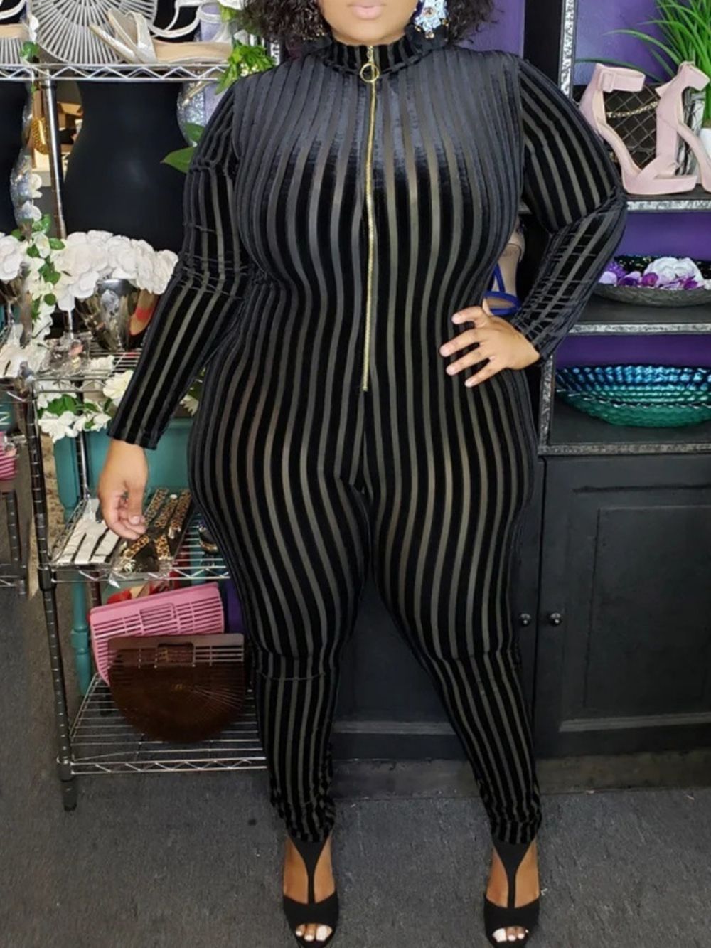 Plus maat Gestreepte Casual Skinny Jumpsuit Met Volledige Lengte
