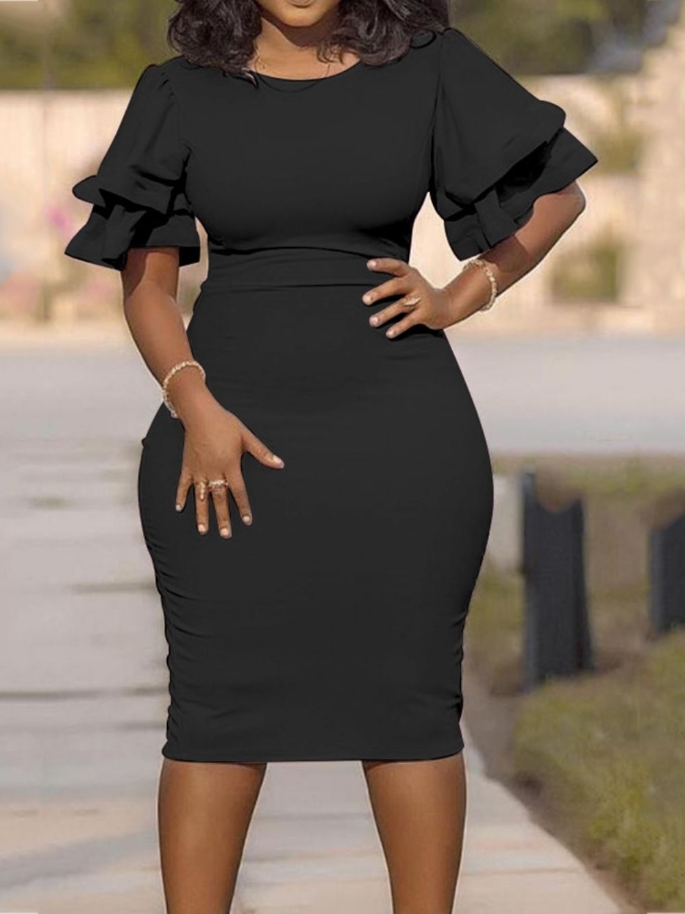 Plus maat Ronde Hals Ruche Mouw Enkele Bodycon Jurk