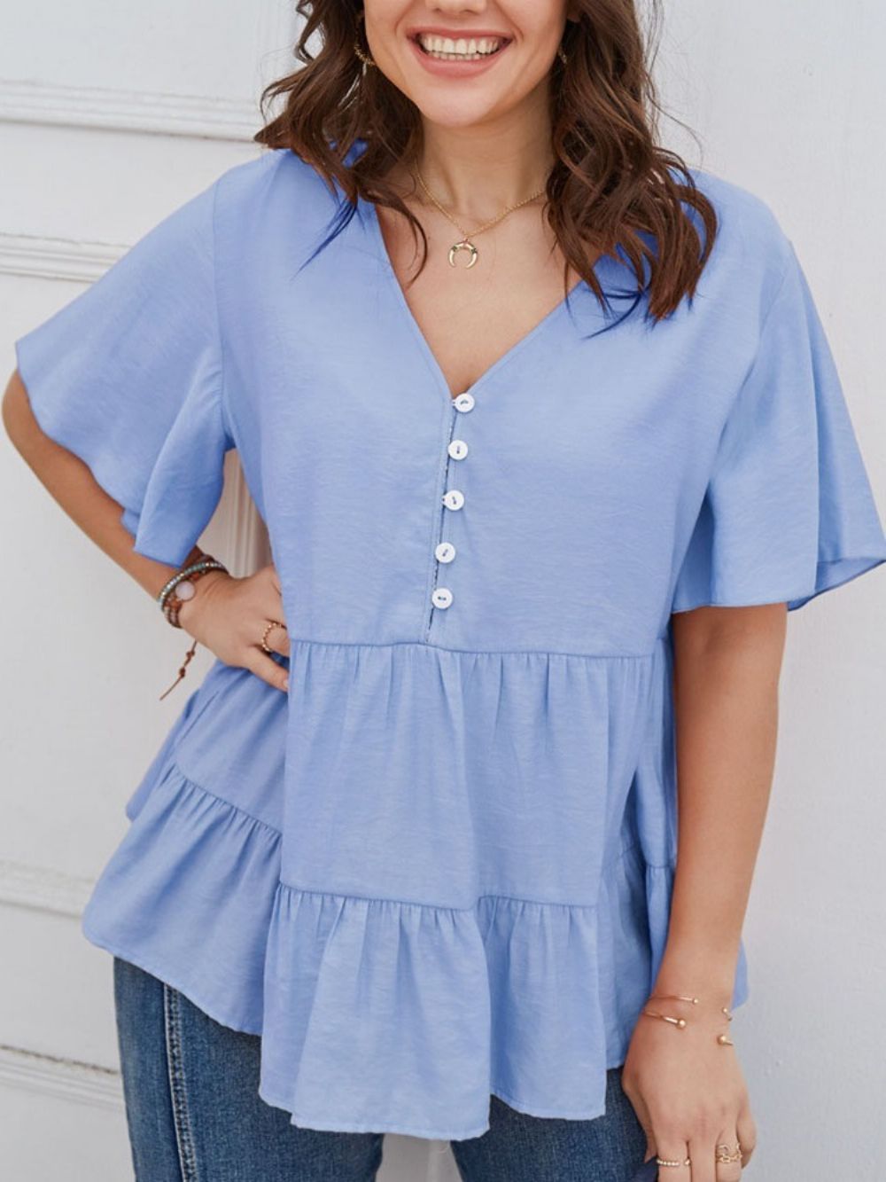 Standaard Blouse Met V-Hals En Standaard Korte Mouwen Dames
