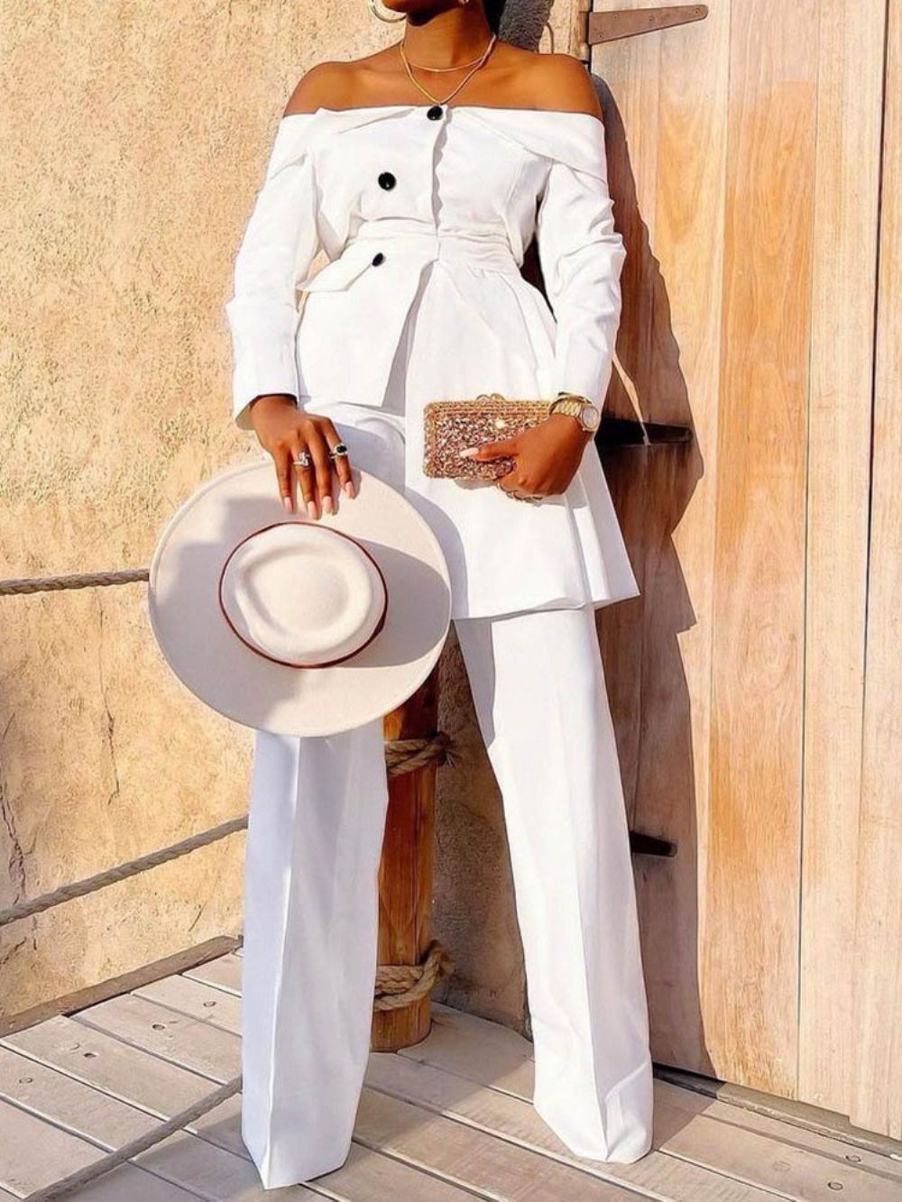 Effen Mode Knopen Recht Off-Shoulder Tweedelige Damessets