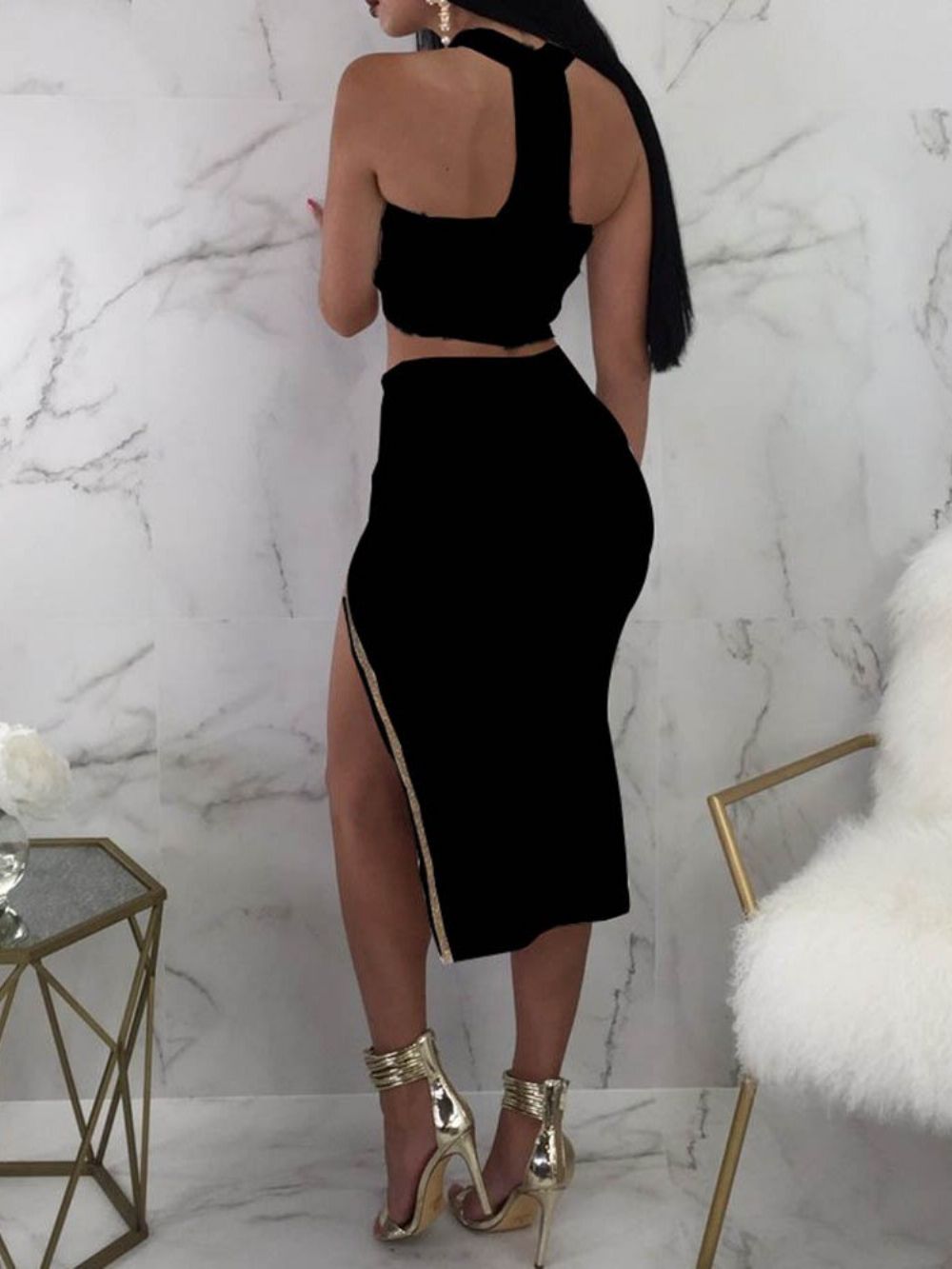 Effen Sexy Splitvest En Rok Met Ritssluiting Tweedelige Set
