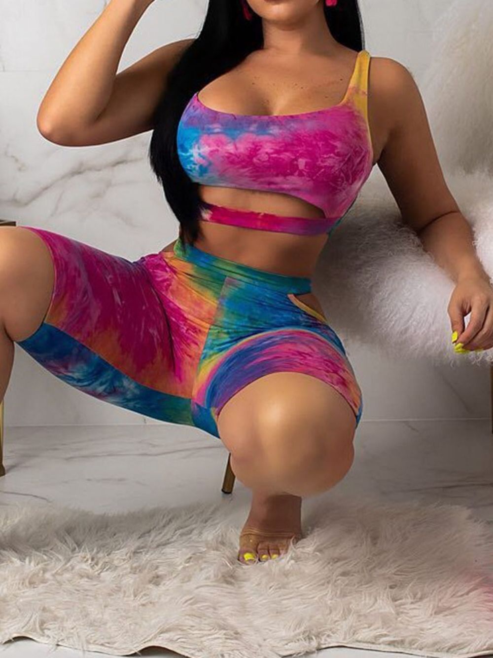 Kleurblok Tie-Dye Sexy Knielengte Vest En Broek Tweedelige Sets