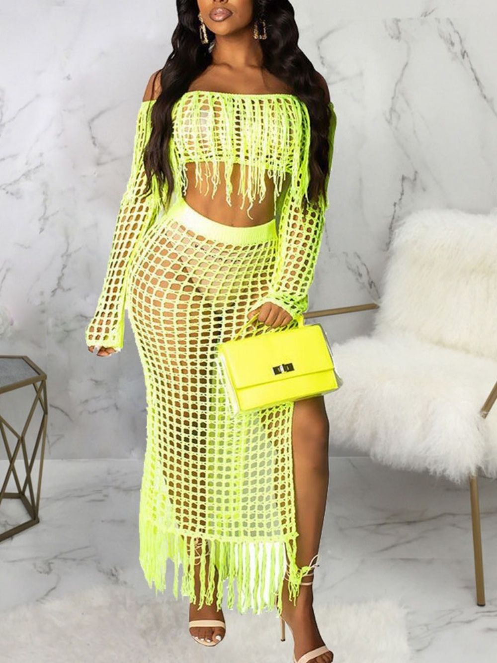 Mode Effen Kwastje Off-Shoulder Bodycon Tweedelige Sets Dames