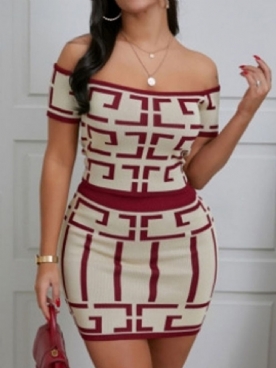 Patchwork Mode Kleurblok Bodycon Off-Shoulder Tweedelige Damessets Roksets