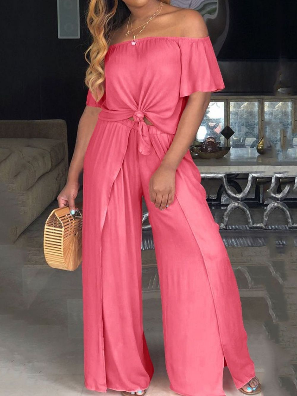 Shirt Effen Western Pullover Off-Shoulder Tweedelige Damessets