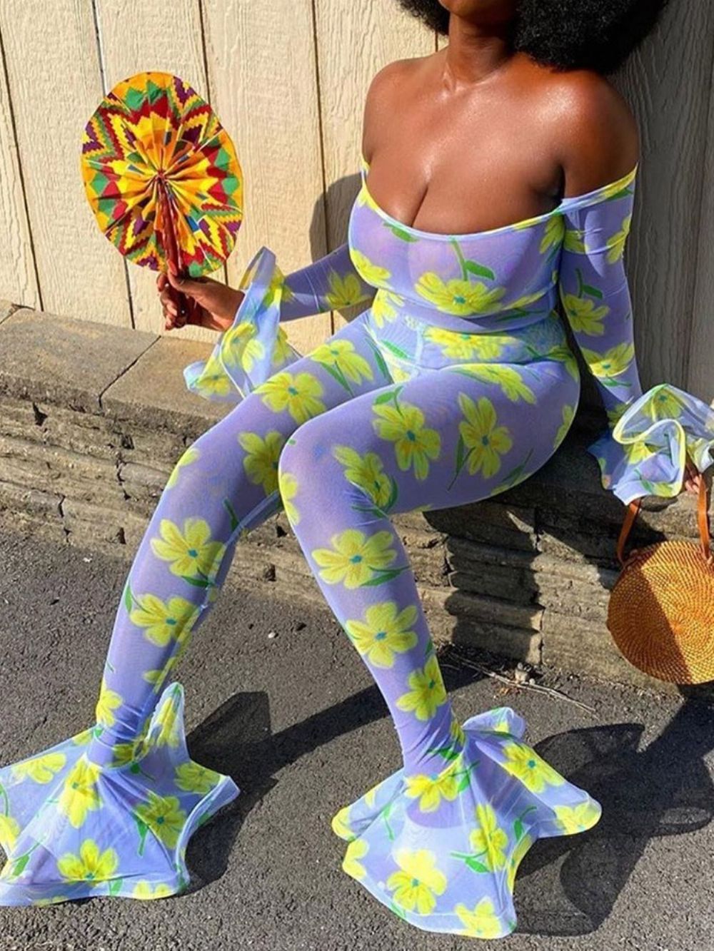 Tweedelige Setjes Met Eenvoudige Bellbottoms-Trui Met Bloemengaas