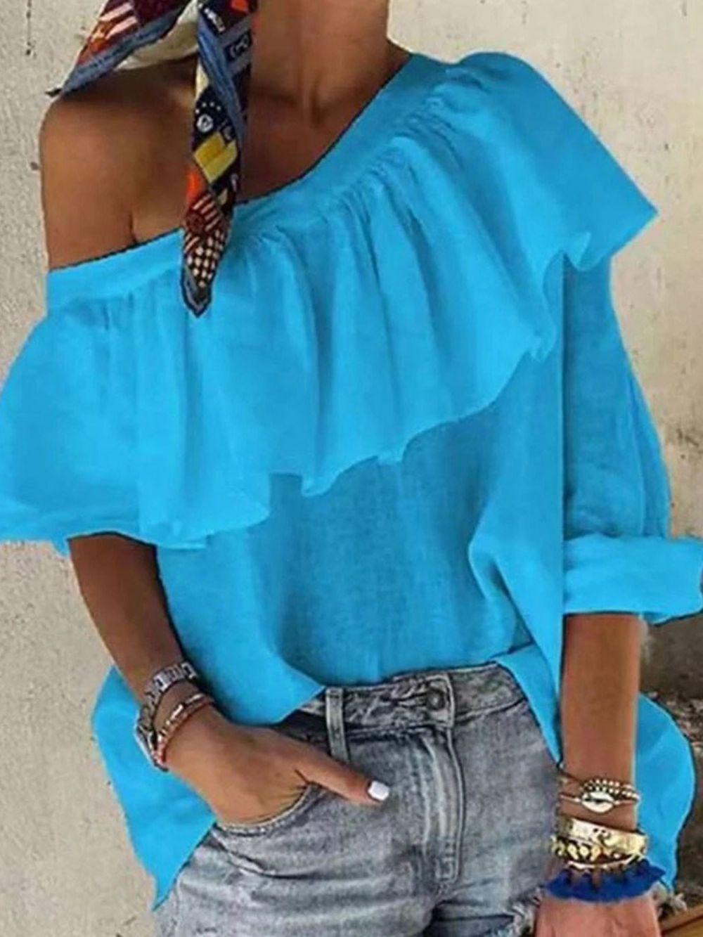 Effen Falbala Schuine Kraag Standaard Damesblouse Met Lange Mouwen