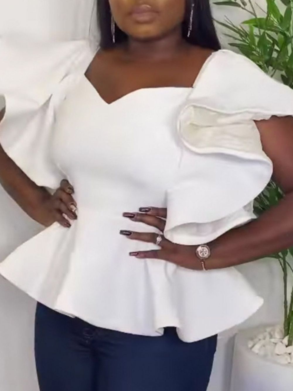 Witte Standaard Blouse Dames Met Effen Rits En Korte Mouwen