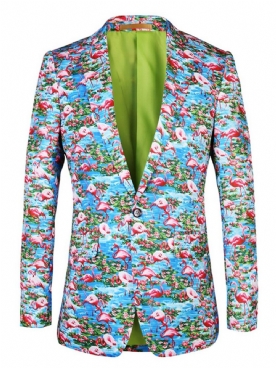 Slanke Herenblazer Met Flamingoprint En Kleurvlakken