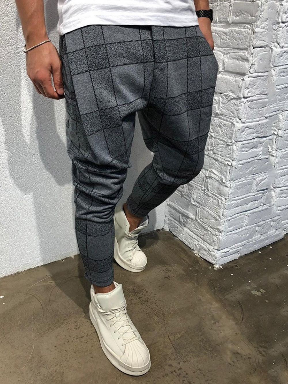 Casual Broek Heren In Potlood Geruite Print Met Halfhoge Taille