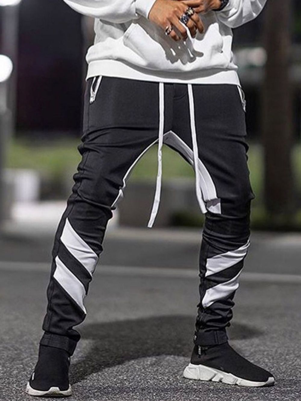 Potloodbroek Patchwork Color Block Koreaanse Casual Broek Met Veters Heren