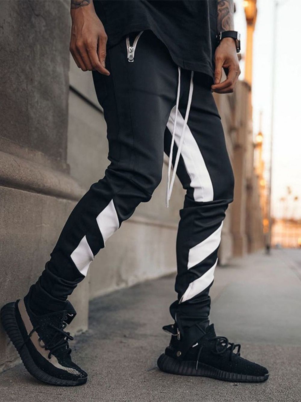 Potloodbroek Patchwork Color Block Koreaanse Casual Broek Met Veters Heren