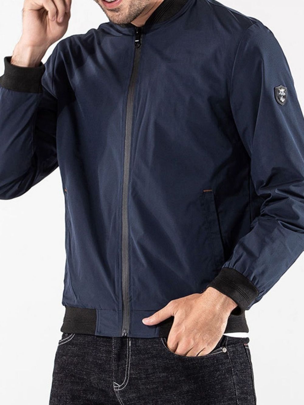 Dun Patchwork Kleurblok Casual Herenjack Met Rits