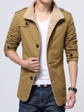 Fleece Effen Opstaande Kraag Winterjack Met Enkele Rij Knopen