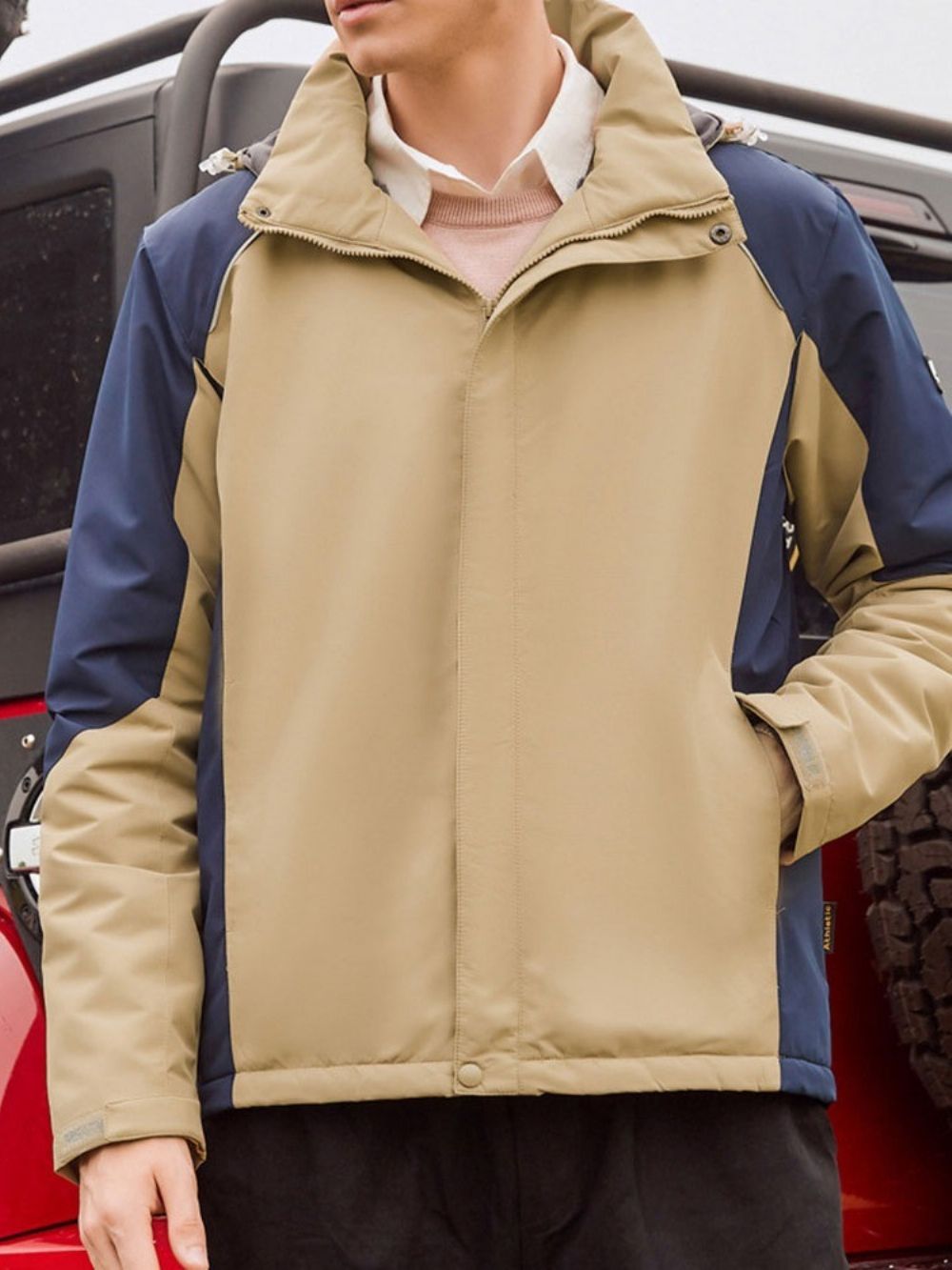Sportieve Winterjas Heren In Fleece Kleurblok Met Capuchon