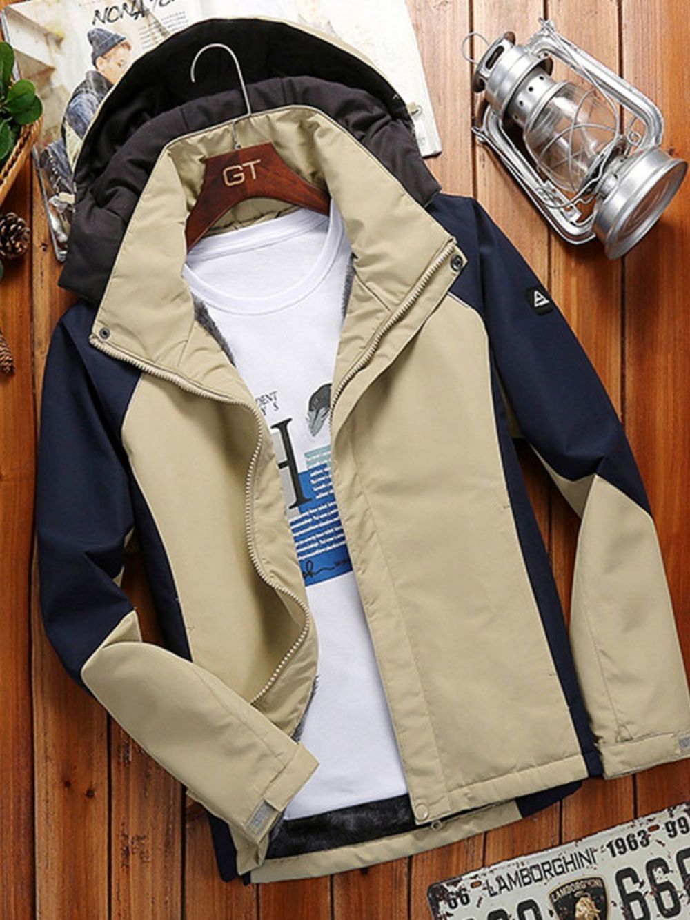 Sportieve Winterjas Heren In Fleece Kleurblok Met Capuchon