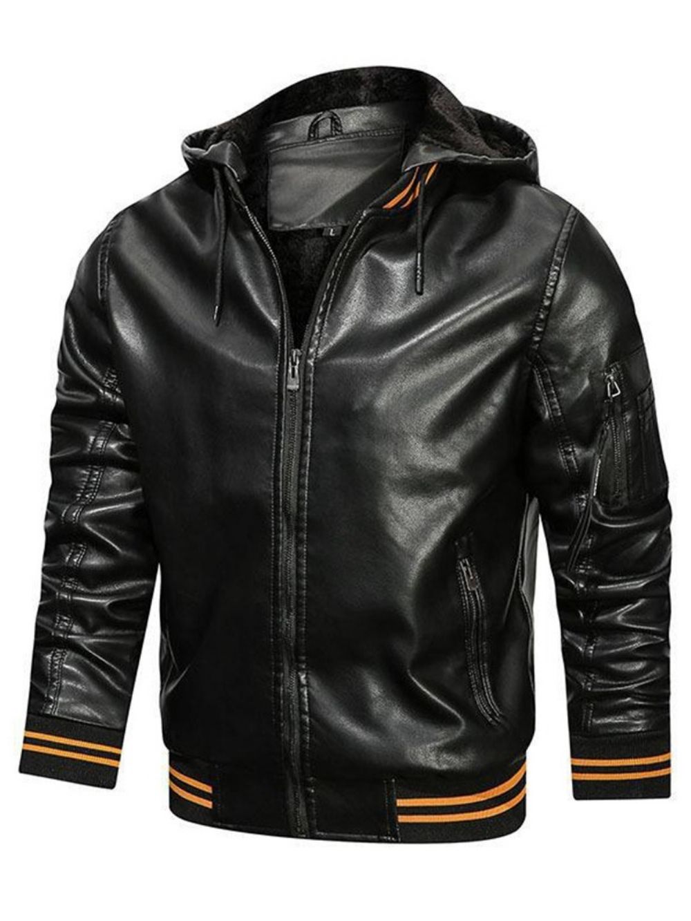 Standaard Casual Leren Winterjack Met Capuchon En Kleurenblok