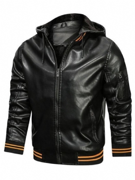 Standaard Casual Leren Winterjack Met Capuchon En Kleurenblok
