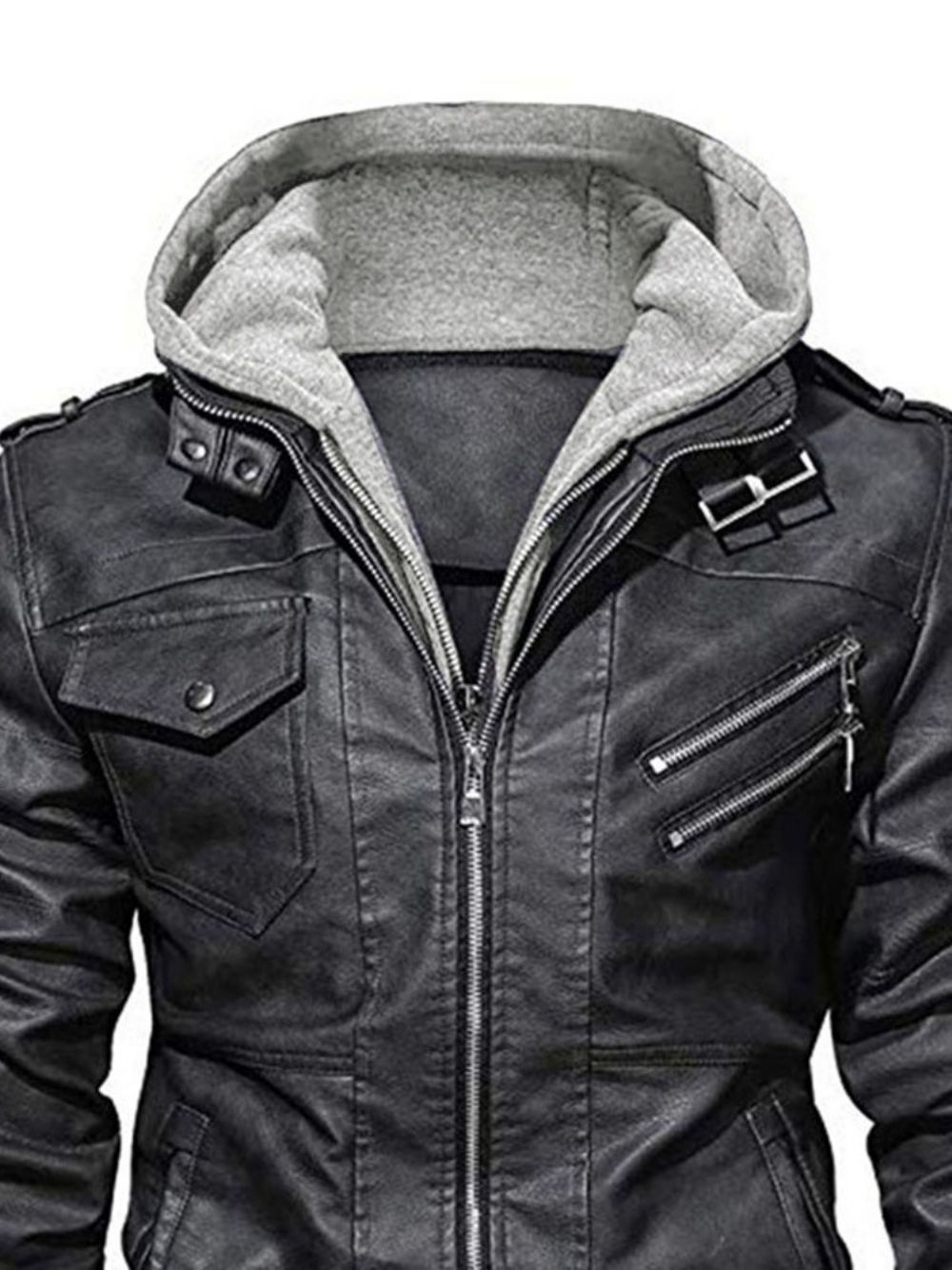Standaard Effen Slank Patchwork Leren Herenjack Met Capuchon