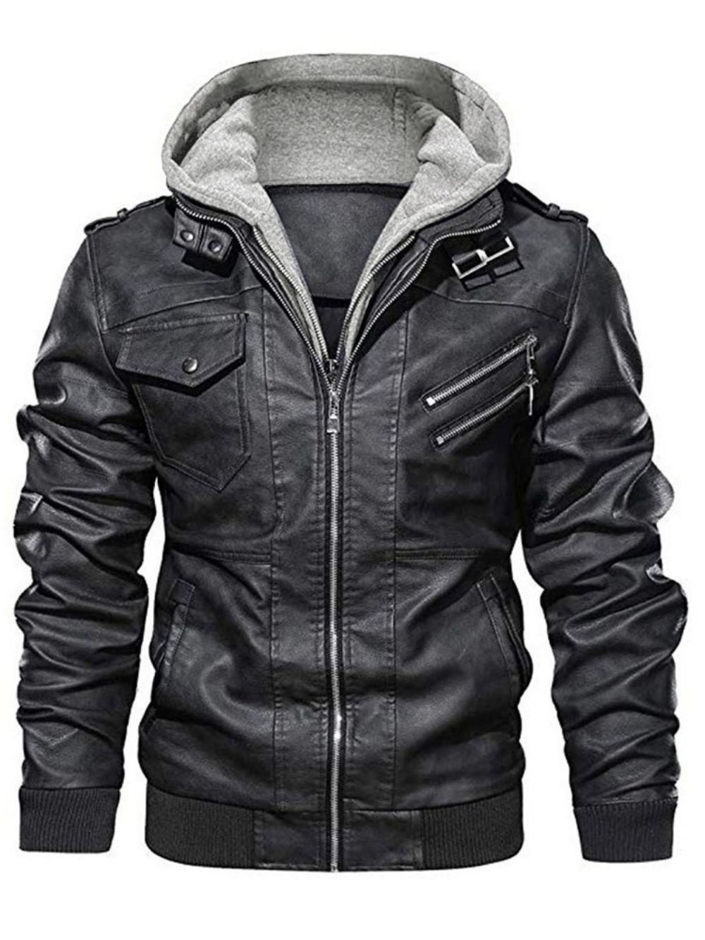 Standaard Effen Slank Patchwork Leren Herenjack Met Capuchon