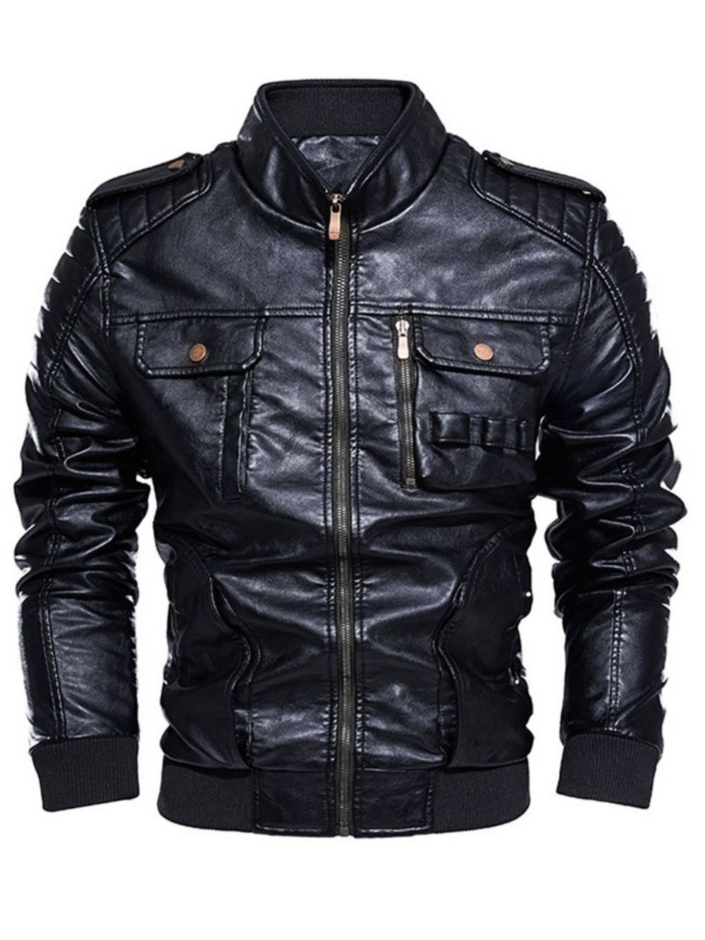 Standaard Opstaande Kraag Slim Vintage Leren Herenjack